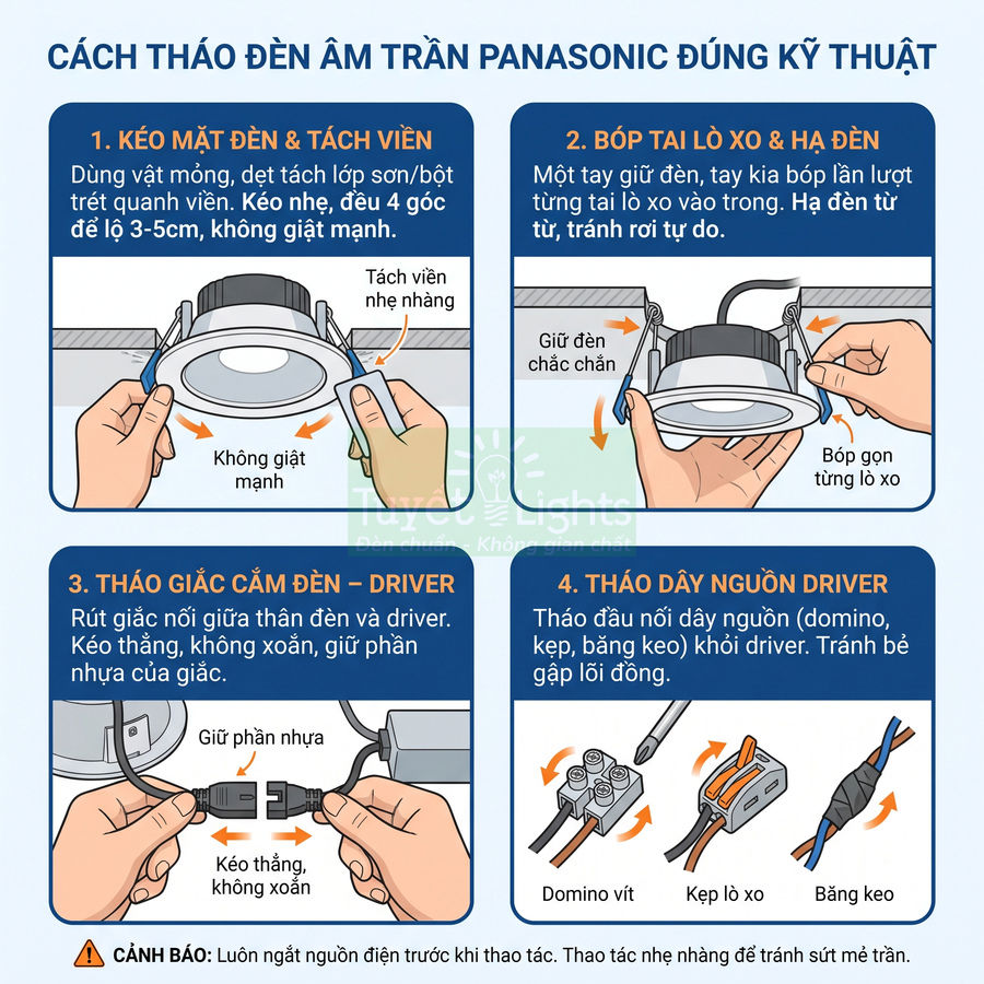 Hướng dẫn tháo đèn âm trần Panasonic đúng kỹ thuật với các bước thao tác chi tiết trên trần nhà
